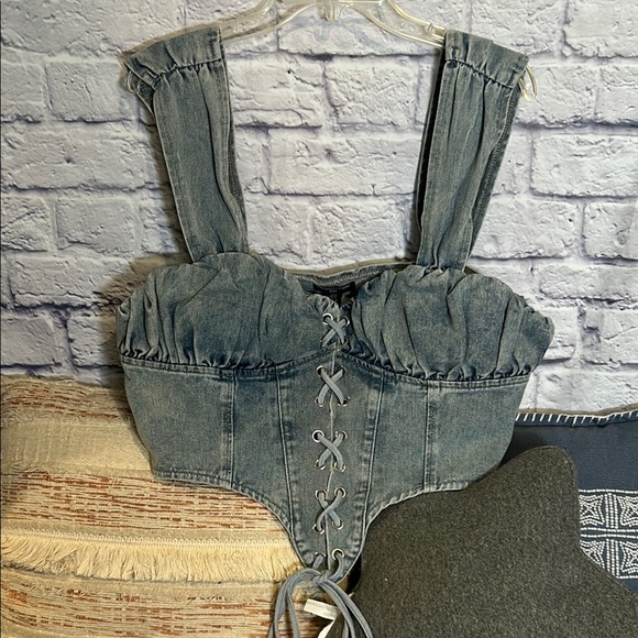 PrettyLittleThing Tops - PrettyLittleThing denim laceup Blue Crop Top